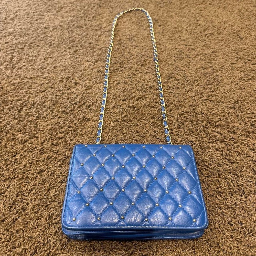 Quilted Blue Leather Crossbody Bag Gold Chain Strap Studded Diamond Pattern